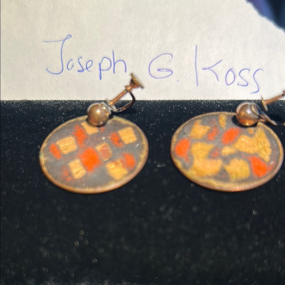 Colorful Patterned Earrings by Joseph G Koss copper screw back vintage artsy